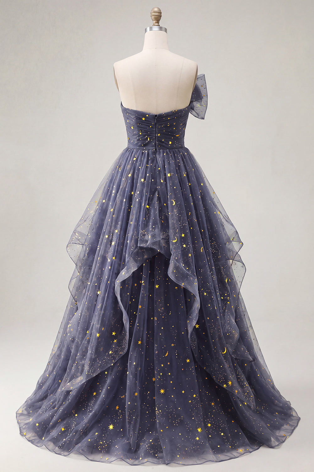 A Line Glitter Ruffled Dusty Blue Long Strapless Prom Dress with Bow