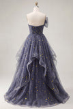 A Line Glitter Ruffled Dusty Blue Long Strapless Prom Dress with Bow