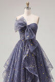 A Line Glitter Ruffled Dusty Blue Long Strapless Prom Dress with Bow