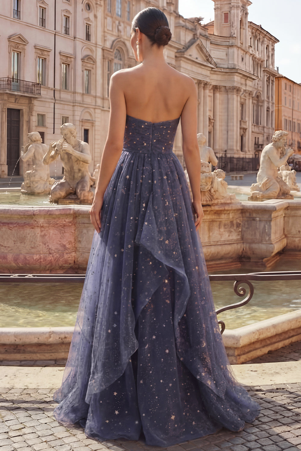 A Line Glitter Ruffled Dusty Blue Long Strapless Prom Dress with Bow