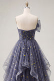 A Line Glitter Ruffled Dusty Blue Long Strapless Prom Dress with Bow