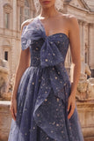 A Line Glitter Ruffled Dusty Blue Long Strapless Prom Dress with Bow