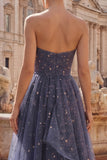 A Line Glitter Ruffled Dusty Blue Long Strapless Prom Dress with Bow