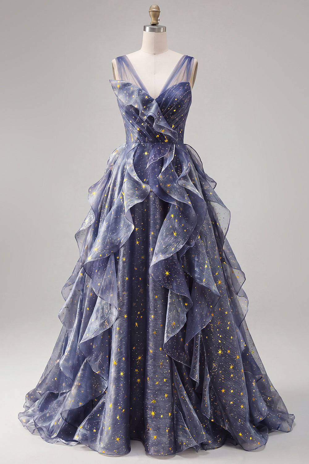 Sparkly V-Neck Dusty Blue Long Ruched A Line Prom Dress with Ruffles