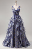 Sparkly V-Neck Dusty Blue Long Ruched A Line Prom Dress with Ruffles