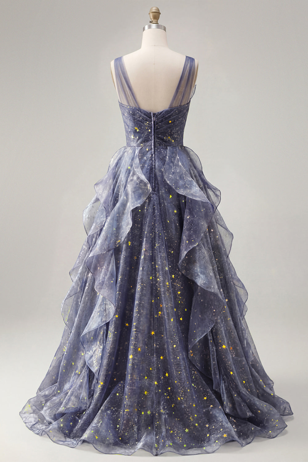 Sparkly V-Neck Dusty Blue Long Ruched A Line Prom Dress with Ruffles