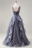 Sparkly V-Neck Dusty Blue Long Ruched A Line Prom Dress with Ruffles