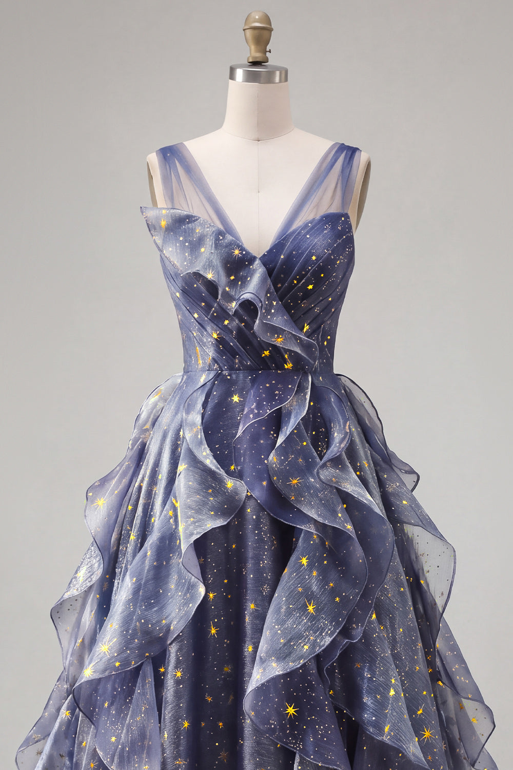 Sparkly V-Neck Dusty Blue Long Ruched A Line Prom Dress with Ruffles