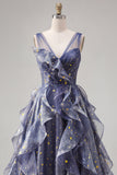 Sparkly V-Neck Dusty Blue Long Ruched A Line Prom Dress with Ruffles