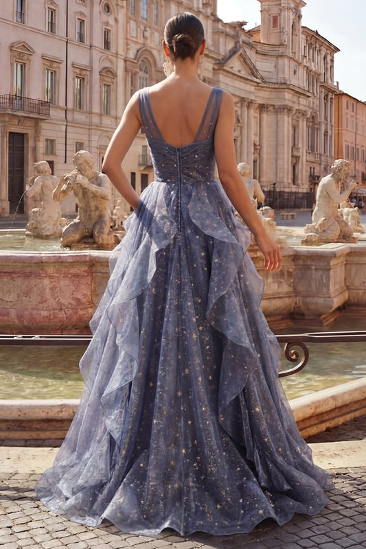 Sparkly V-Neck Dusty Blue Long Ruched A Line Prom Dress with Ruffles