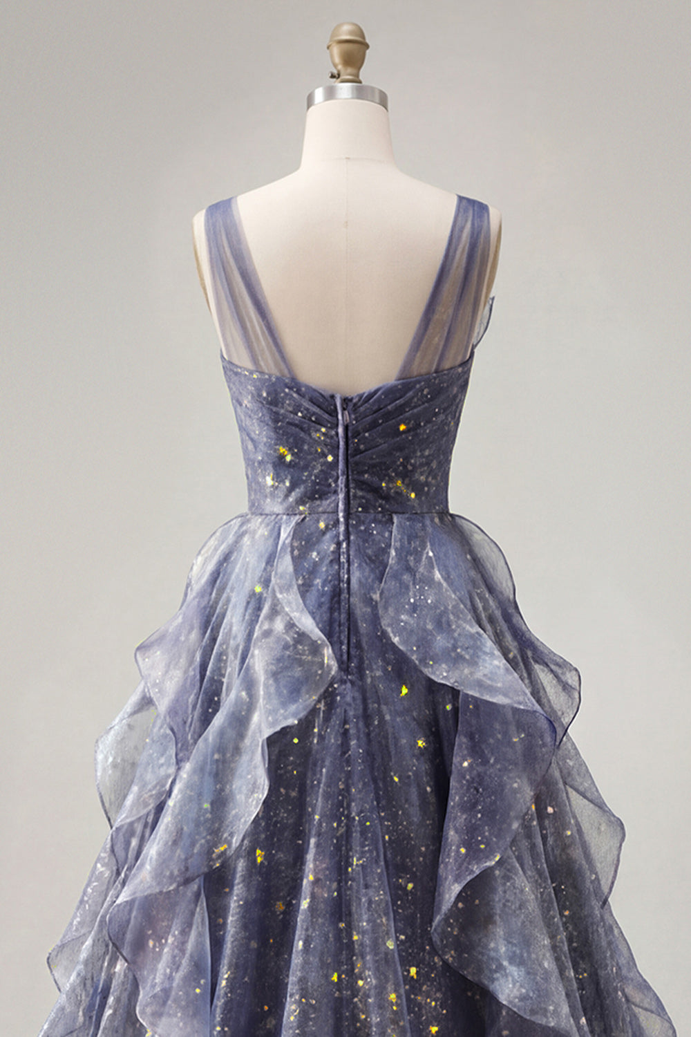 Sparkly V-Neck Dusty Blue Long Ruched A Line Prom Dress with Ruffles