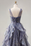 Sparkly V-Neck Dusty Blue Long Ruched A Line Prom Dress with Ruffles