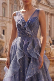 Sparkly V-Neck Dusty Blue Long Ruched A Line Prom Dress with Ruffles