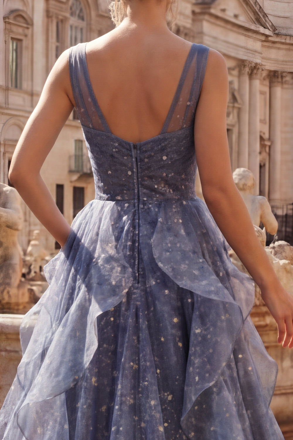 Sparkly V-Neck Dusty Blue Long Ruched A Line Prom Dress with Ruffles