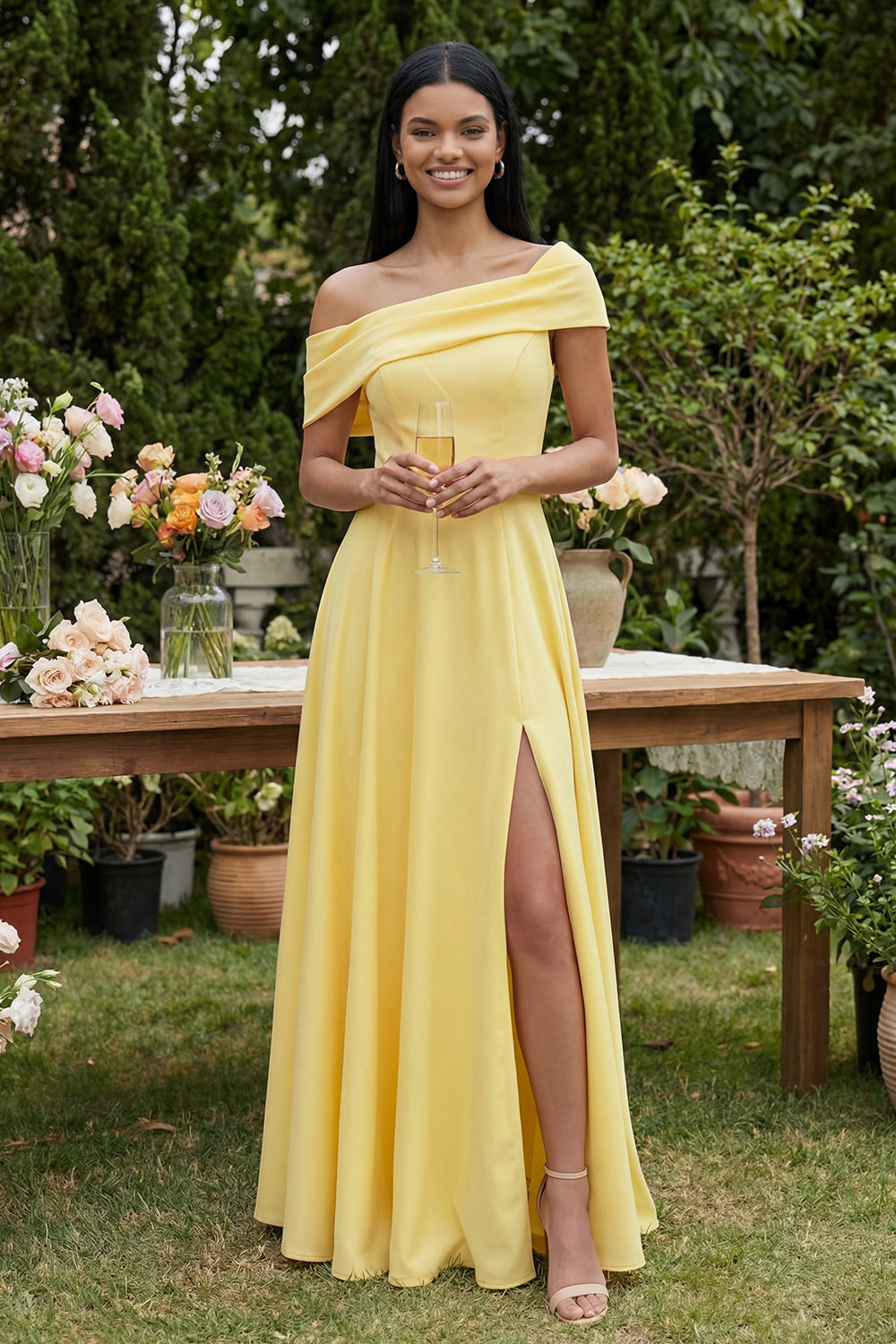 Butter Yellow A Line Maxi Off the Shoulder Beach Wedding Guest Dress with Slit