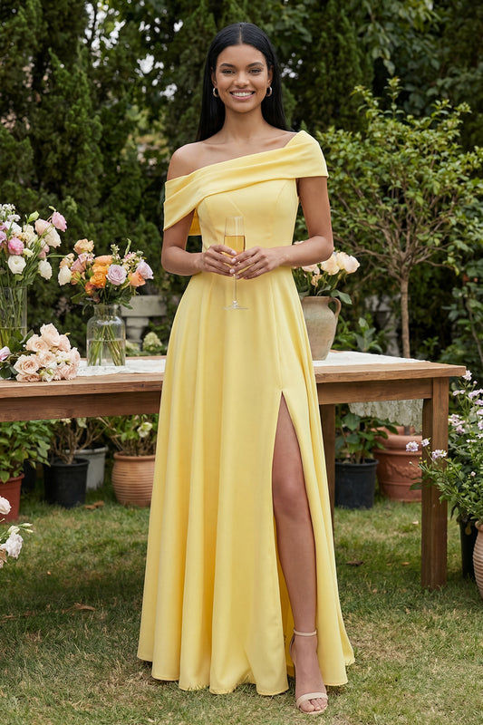 Butter Yellow A Line Maxi Off the Shoulder Beach Wedding Guest Dress with Slit
