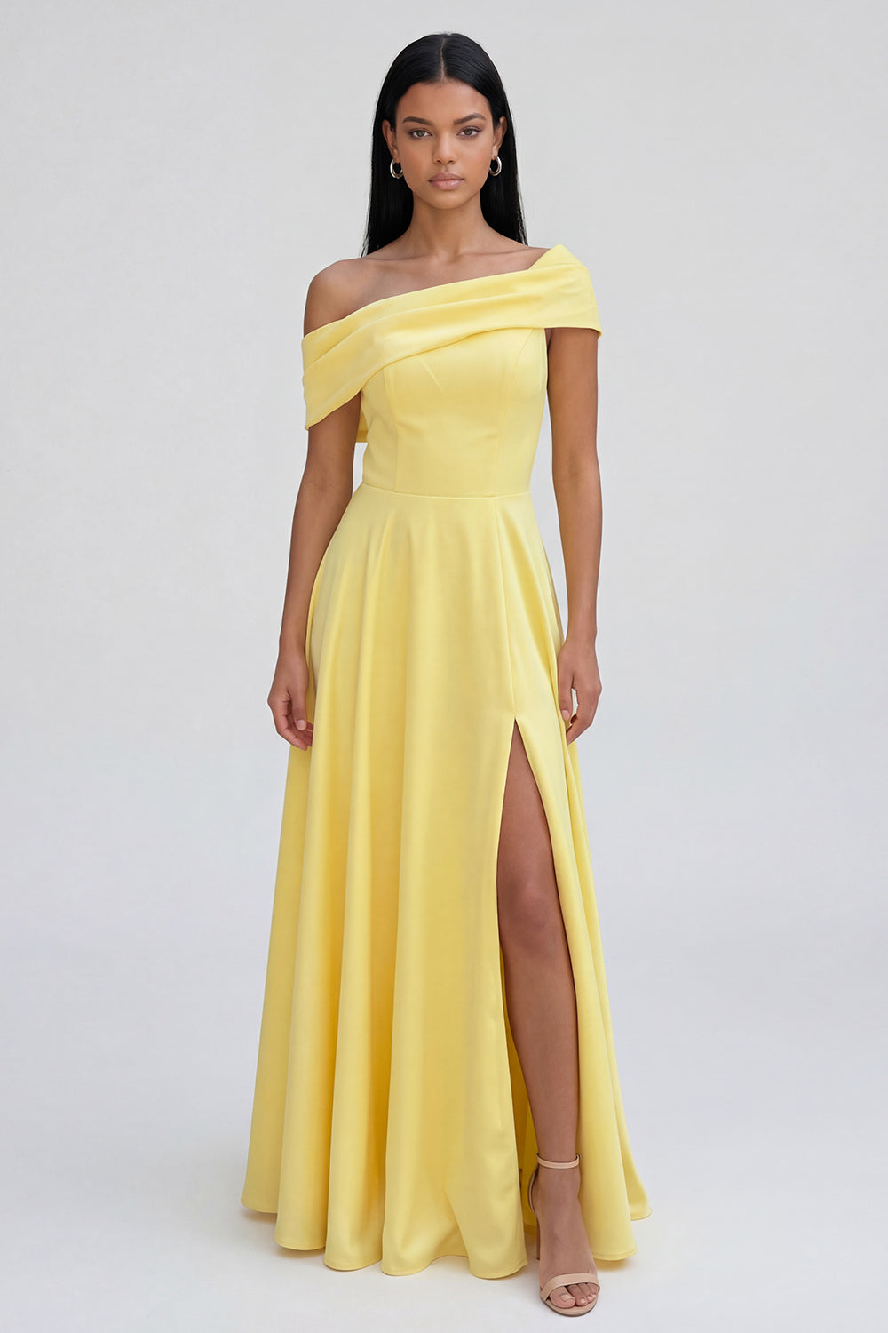 Butter Yellow A Line Maxi Off the Shoulder Beach Wedding Guest Dress with Slit