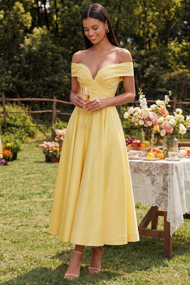 Off the Shoulder Ruched Butter Yellow A Line Maxi Beach Wedding Guest Dress