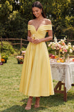 Off the Shoulder Ruched Butter Yellow A Line Maxi Beach Wedding Guest Dress