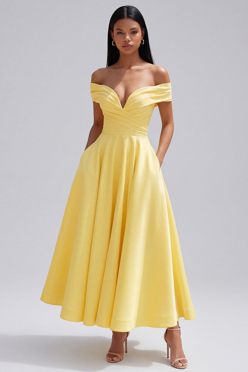 fitted lace wedding dress Zapakasa Women Butter Yellow Satin Maxi Beach Wedding Guest Dress Ruched A  Line Off the Shoulder Formal Dress