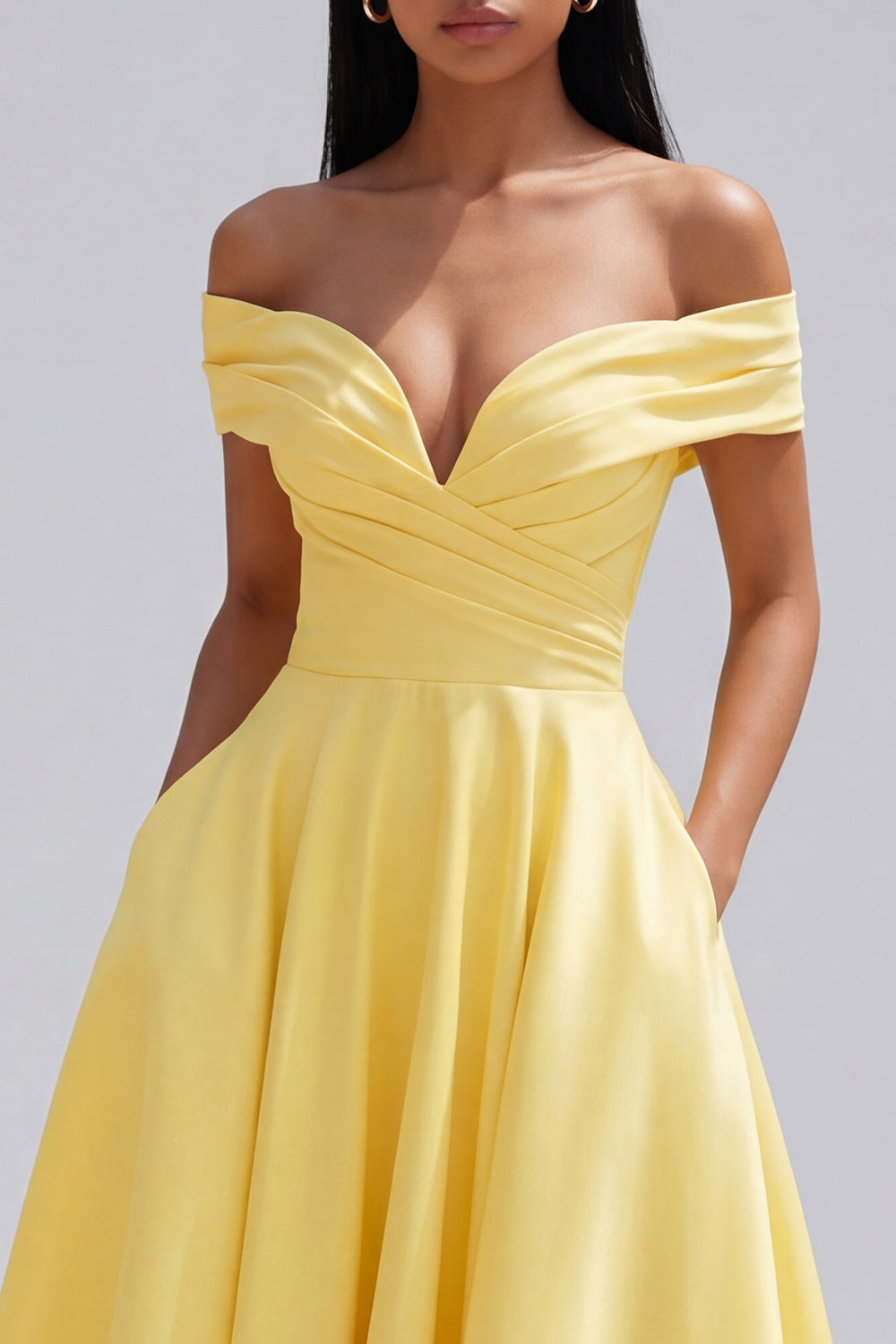 Off the Shoulder Ruched Butter Yellow A Line Maxi Beach Wedding Guest Dress