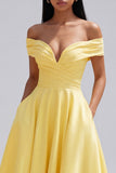 Off the Shoulder Ruched Butter Yellow A Line Maxi Beach Wedding Guest Dress