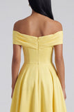 Off the Shoulder Ruched Butter Yellow A Line Maxi Beach Wedding Guest Dress