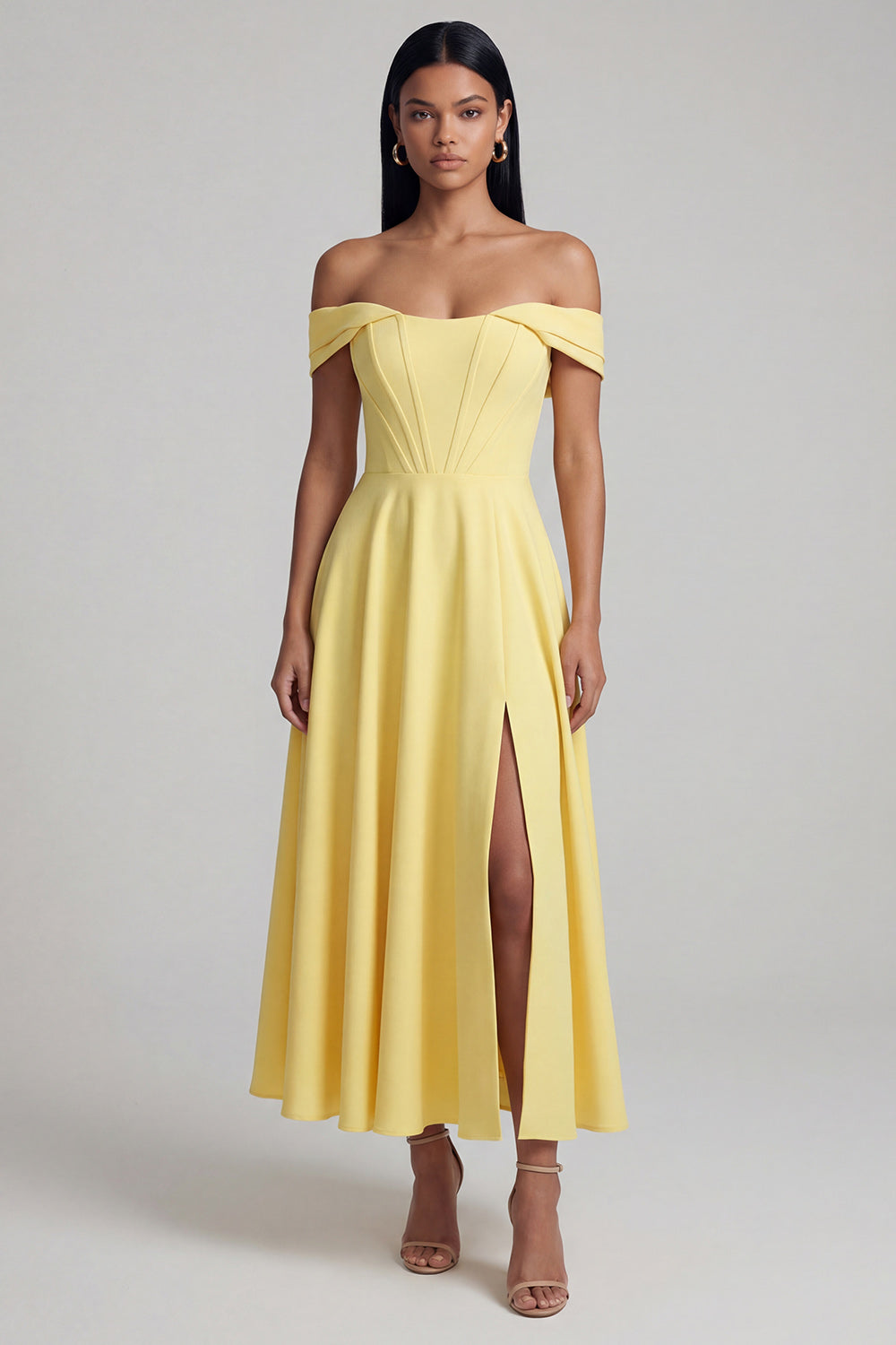 Corset Butter Yellow A Line Maxi Beach Wedding Guest Dress with Slit