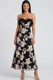 Light Blue Floral A Line Maxi Strapless Beach Wedding Guest Dress with Ruffles