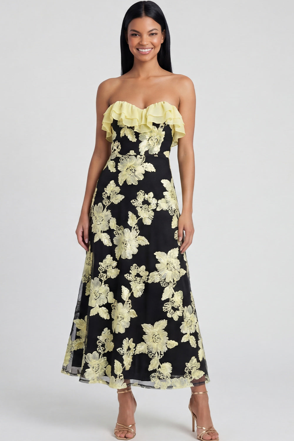 Light Blue Floral A Line Maxi Strapless Beach Wedding Guest Dress with Ruffles