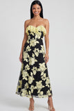Light Blue Floral A Line Maxi Strapless Beach Wedding Guest Dress with Ruffles