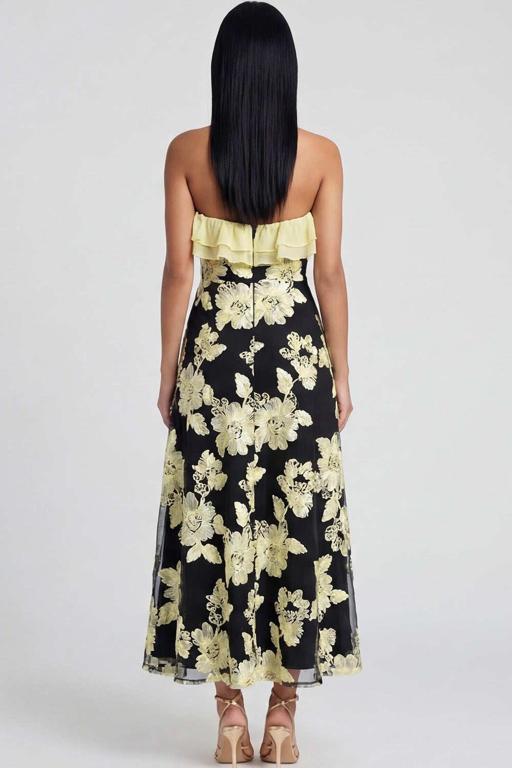 Light Blue Floral A Line Maxi Strapless Beach Wedding Guest Dress with Ruffles