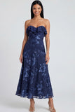 Light Blue Floral A Line Maxi Strapless Beach Wedding Guest Dress with Ruffles