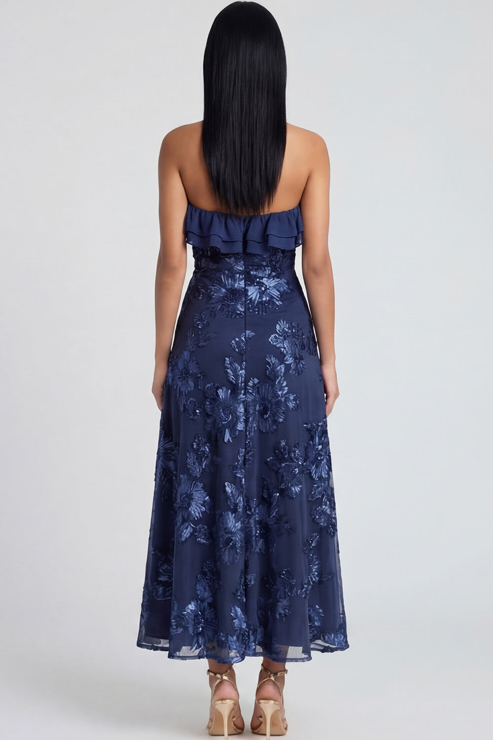 Light Blue Floral A Line Maxi Strapless Beach Wedding Guest Dress with Ruffles