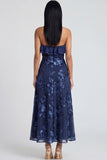 Light Blue Floral A Line Maxi Strapless Beach Wedding Guest Dress with Ruffles