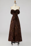 Light Blue Floral A Line Maxi Strapless Beach Wedding Guest Dress with Ruffles