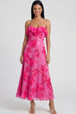 Light Blue Floral A Line Maxi Strapless Beach Wedding Guest Dress with Ruffles