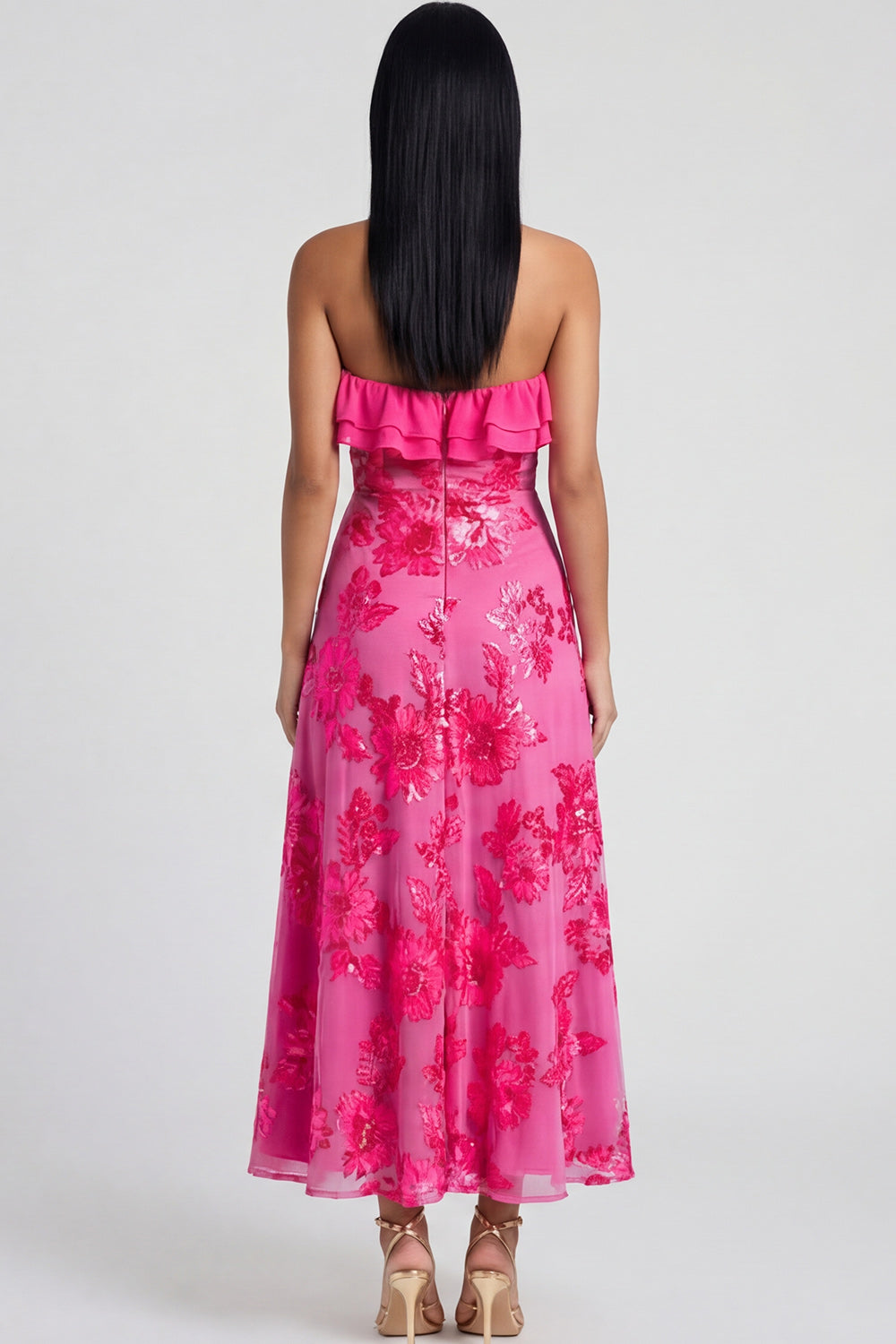 Light Blue Floral A Line Maxi Strapless Beach Wedding Guest Dress with Ruffles