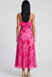 Light Blue Floral A Line Maxi Strapless Beach Wedding Guest Dress with Ruffles
