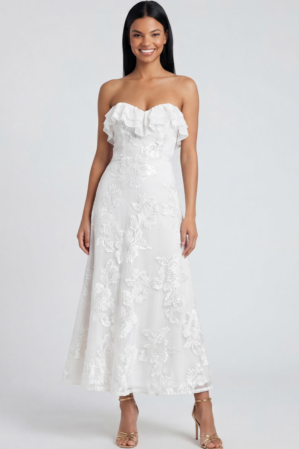 Light Blue Floral A Line Maxi Strapless Beach Wedding Guest Dress with Ruffles
