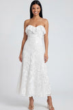 Light Blue Floral A Line Maxi Strapless Beach Wedding Guest Dress with Ruffles