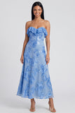 Light Blue Floral A Line Maxi Strapless Beach Wedding Guest Dress with Ruffles