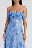 Light Blue Floral A Line Maxi Strapless Beach Wedding Guest Dress with Ruffles