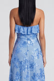 Light Blue Floral A Line Maxi Strapless Beach Wedding Guest Dress with Ruffles