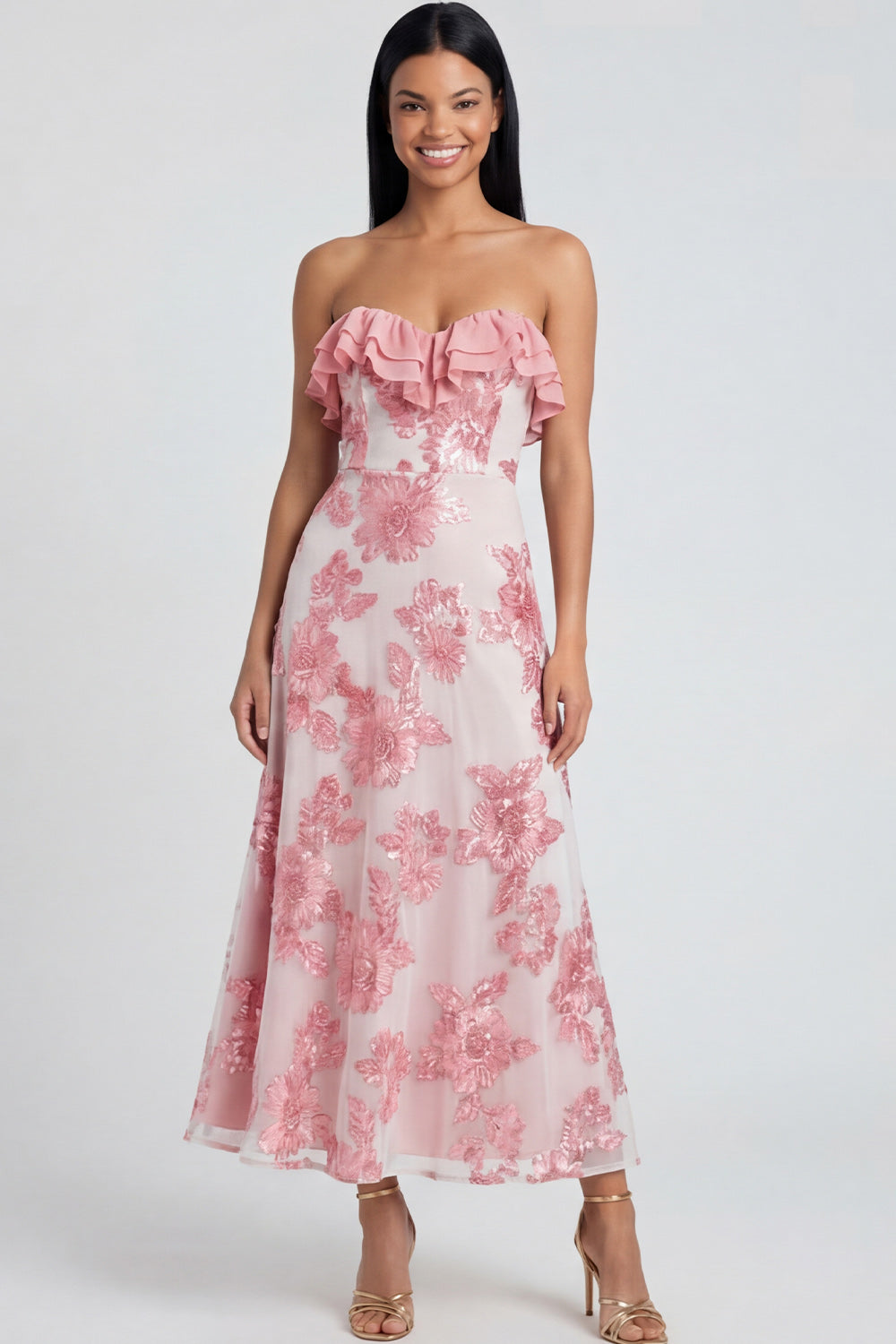 Light Blue Floral A Line Maxi Strapless Beach Wedding Guest Dress with Ruffles