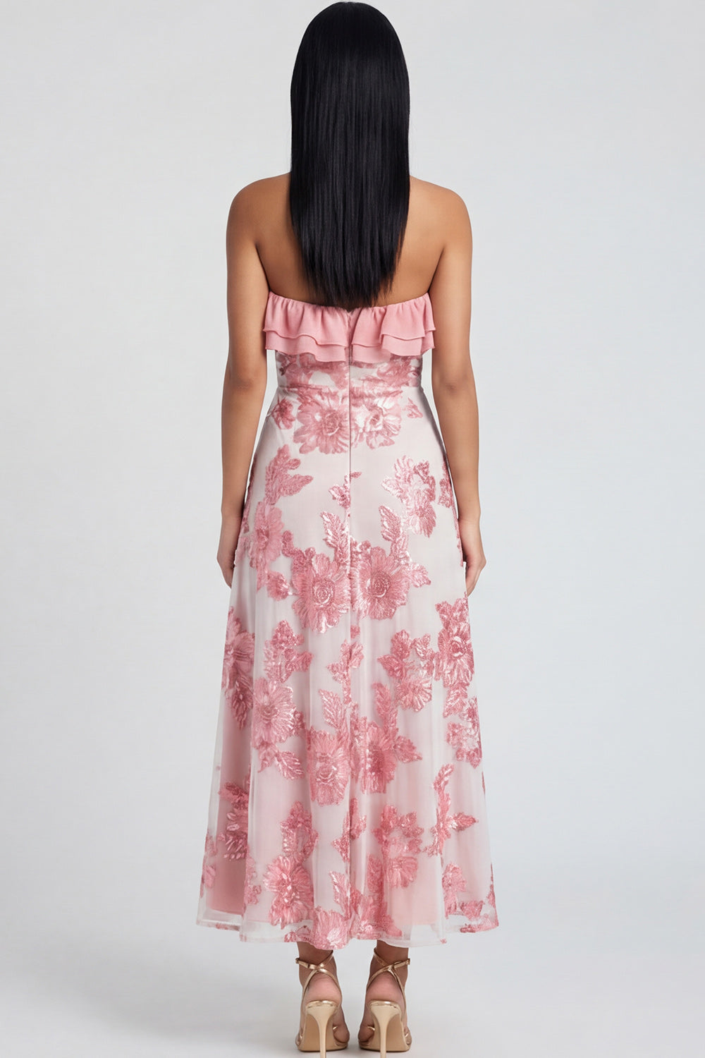 Light Blue Floral A Line Maxi Strapless Beach Wedding Guest Dress with Ruffles
