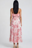 Light Blue Floral A Line Maxi Strapless Beach Wedding Guest Dress with Ruffles