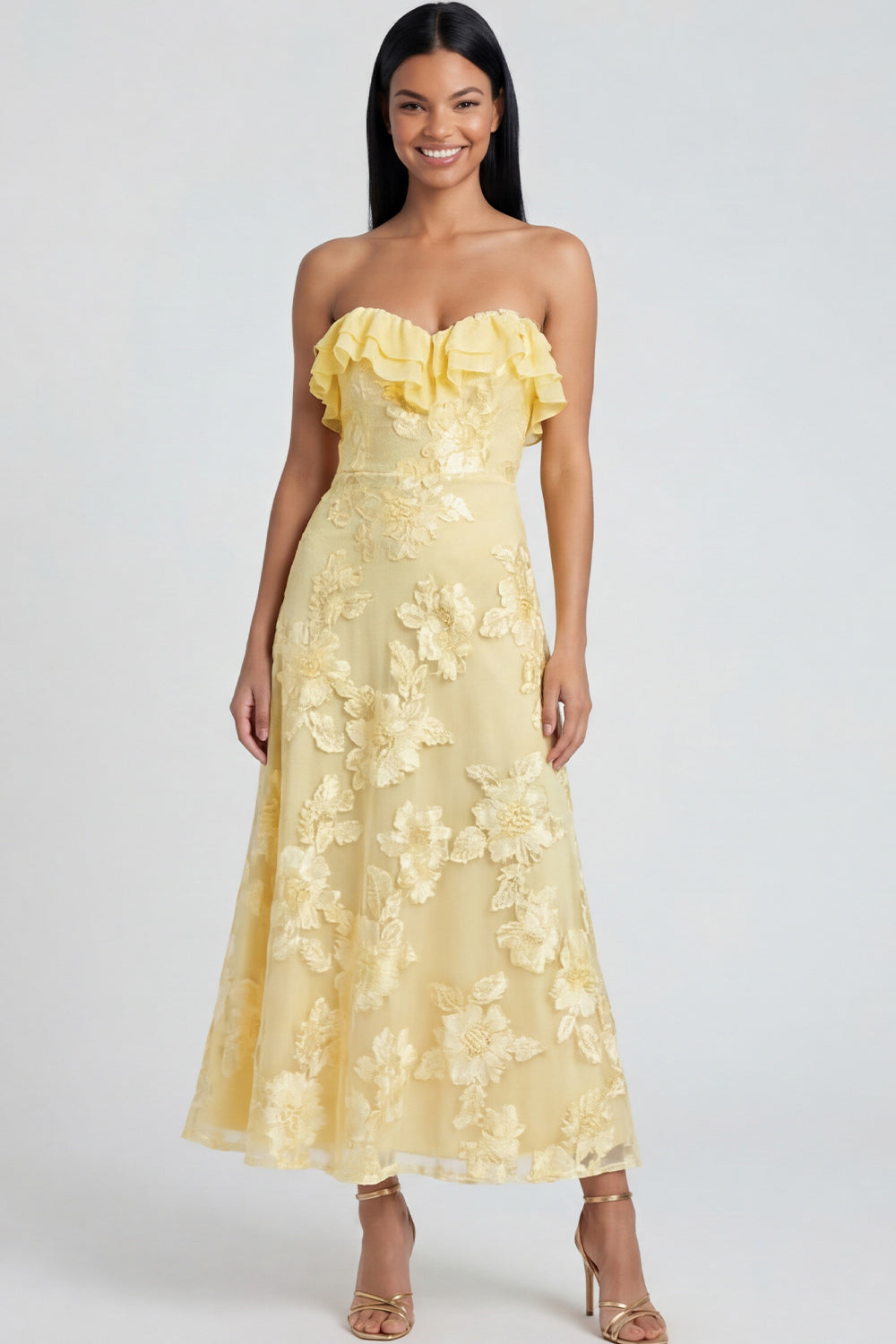Light Blue Floral A Line Maxi Strapless Beach Wedding Guest Dress with Ruffles