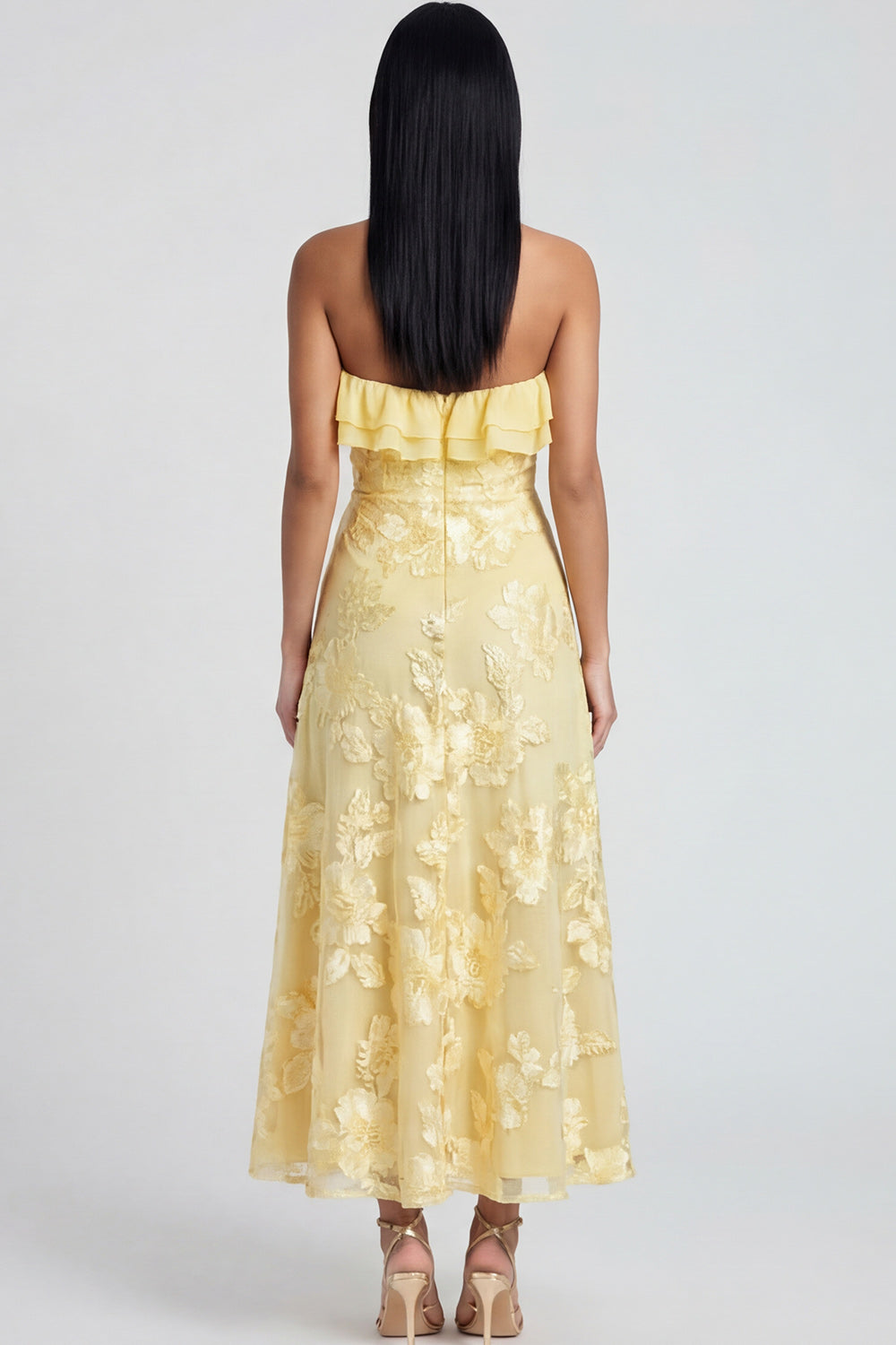 Light Blue Floral A Line Maxi Strapless Beach Wedding Guest Dress with Ruffles