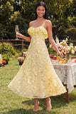 Light Blue Floral A Line Maxi Strapless Beach Wedding Guest Dress with Ruffles